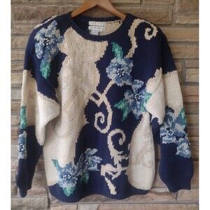 90s Jennifer Reed Hand Knit Floral Sweater Ramie Cotton Navy Oatmeal Oversized S